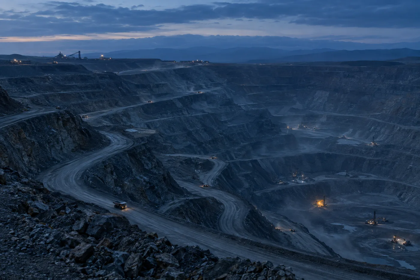 Open-pit mine at blue hour with haul roads descending into the pit