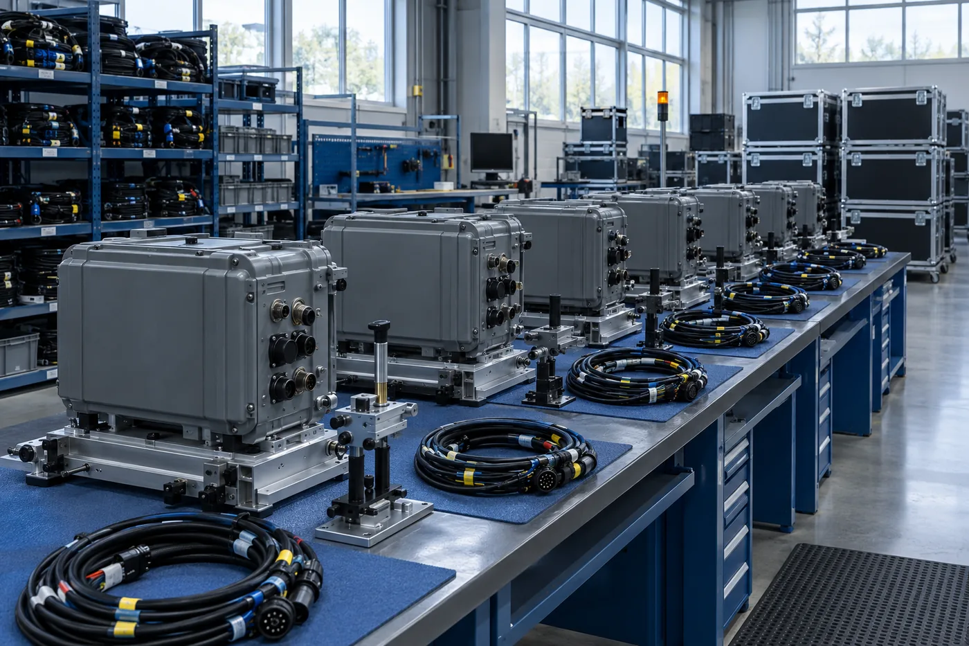 Row of identical ruggedized equipment enclosures on an assembly bench