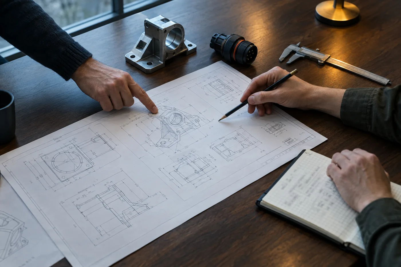 Engineers reviewing technical drawings during a design review