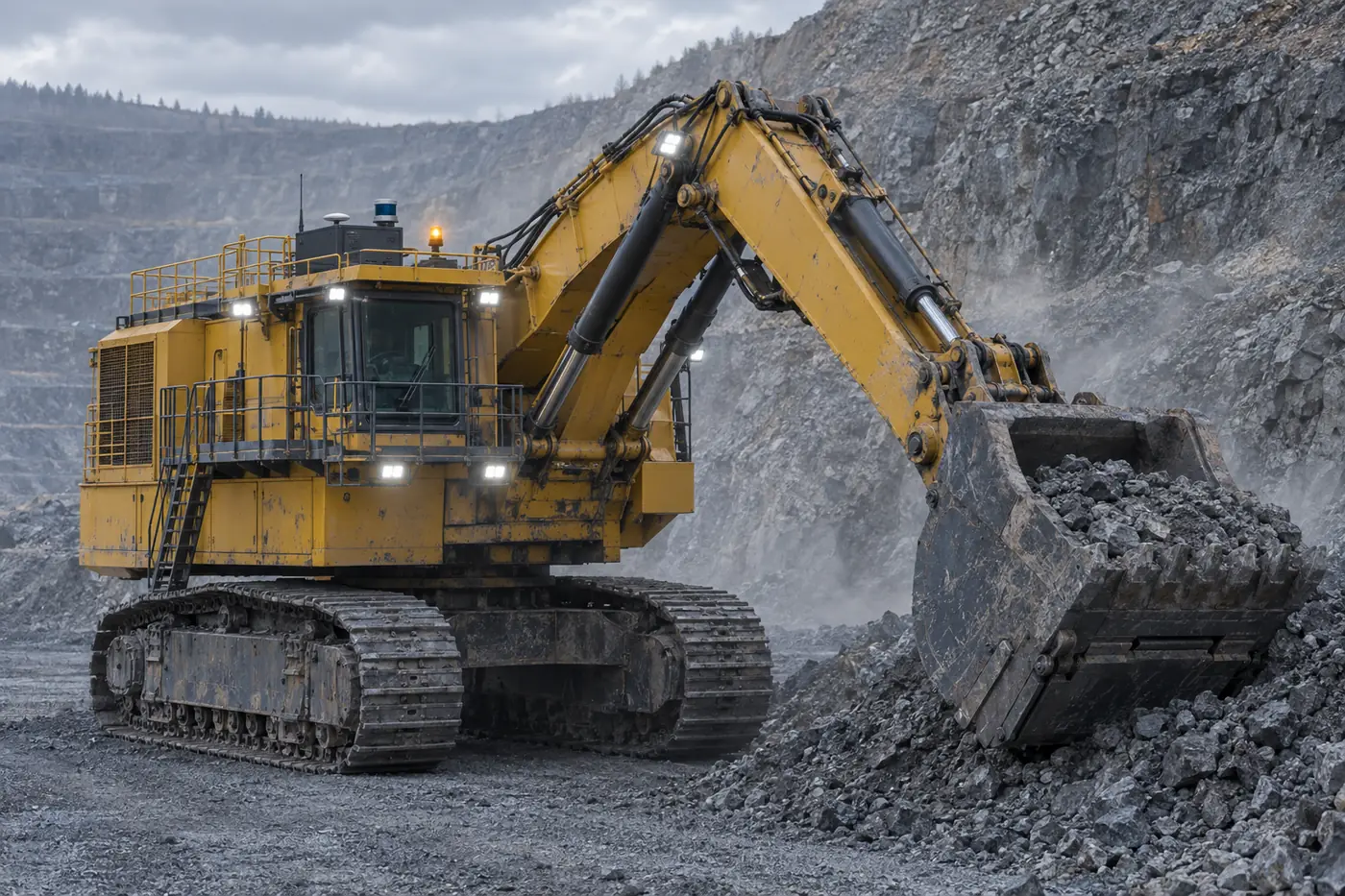 Ruggedized instrumentation enclosure mounted on the machine-house roof of an open-pit mining shovel, inboard of the handrail and clear of the working envelope