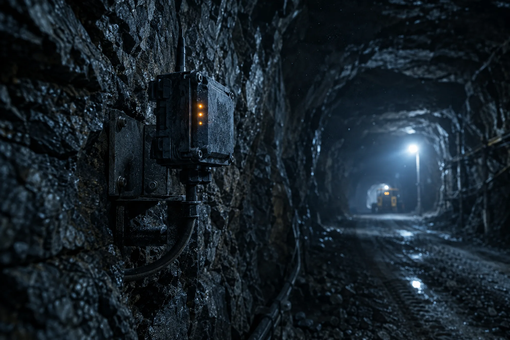 Underground mine drift lit by equipment lights