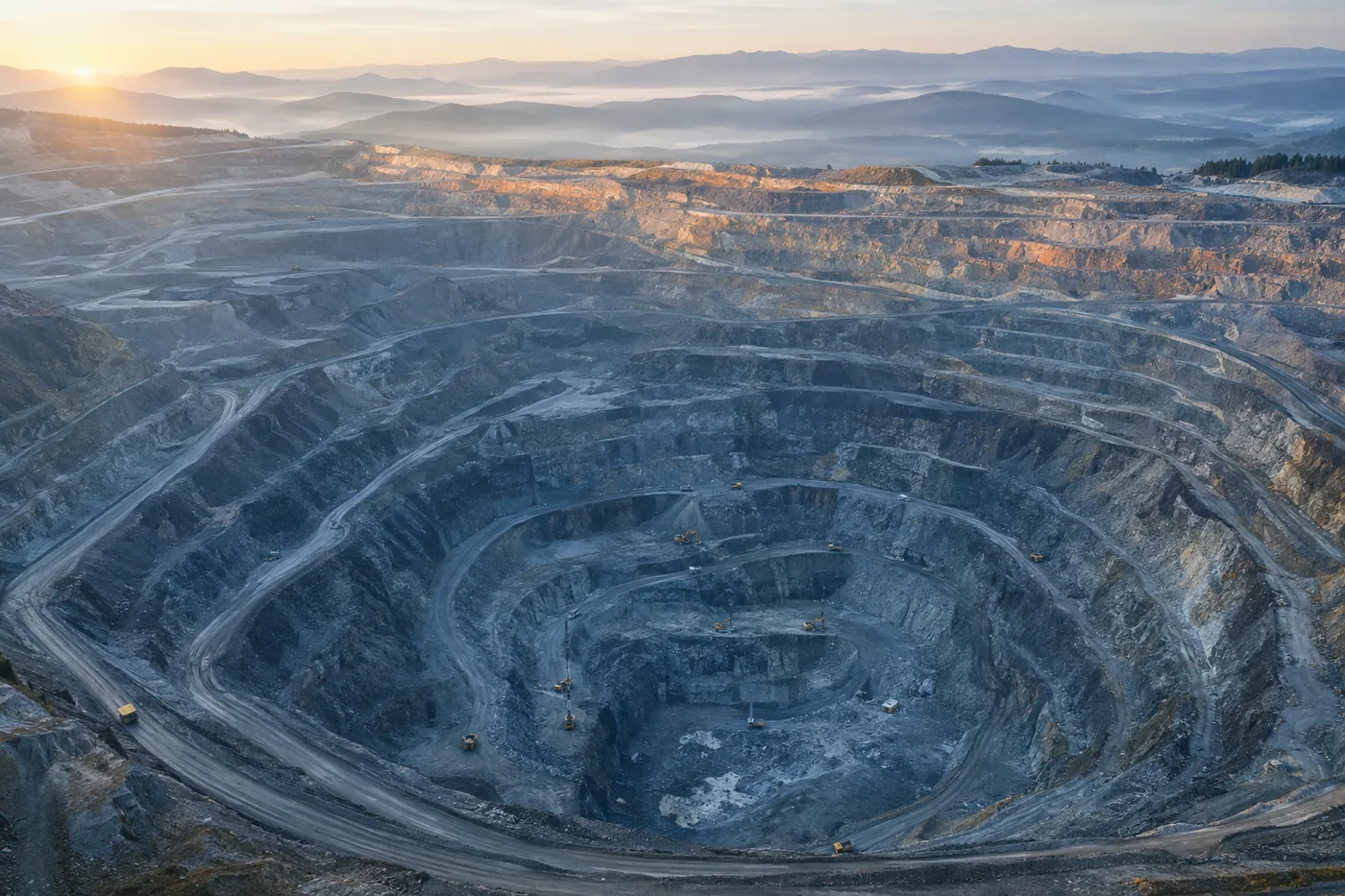 Open-pit mine benches and haul roads under daylight