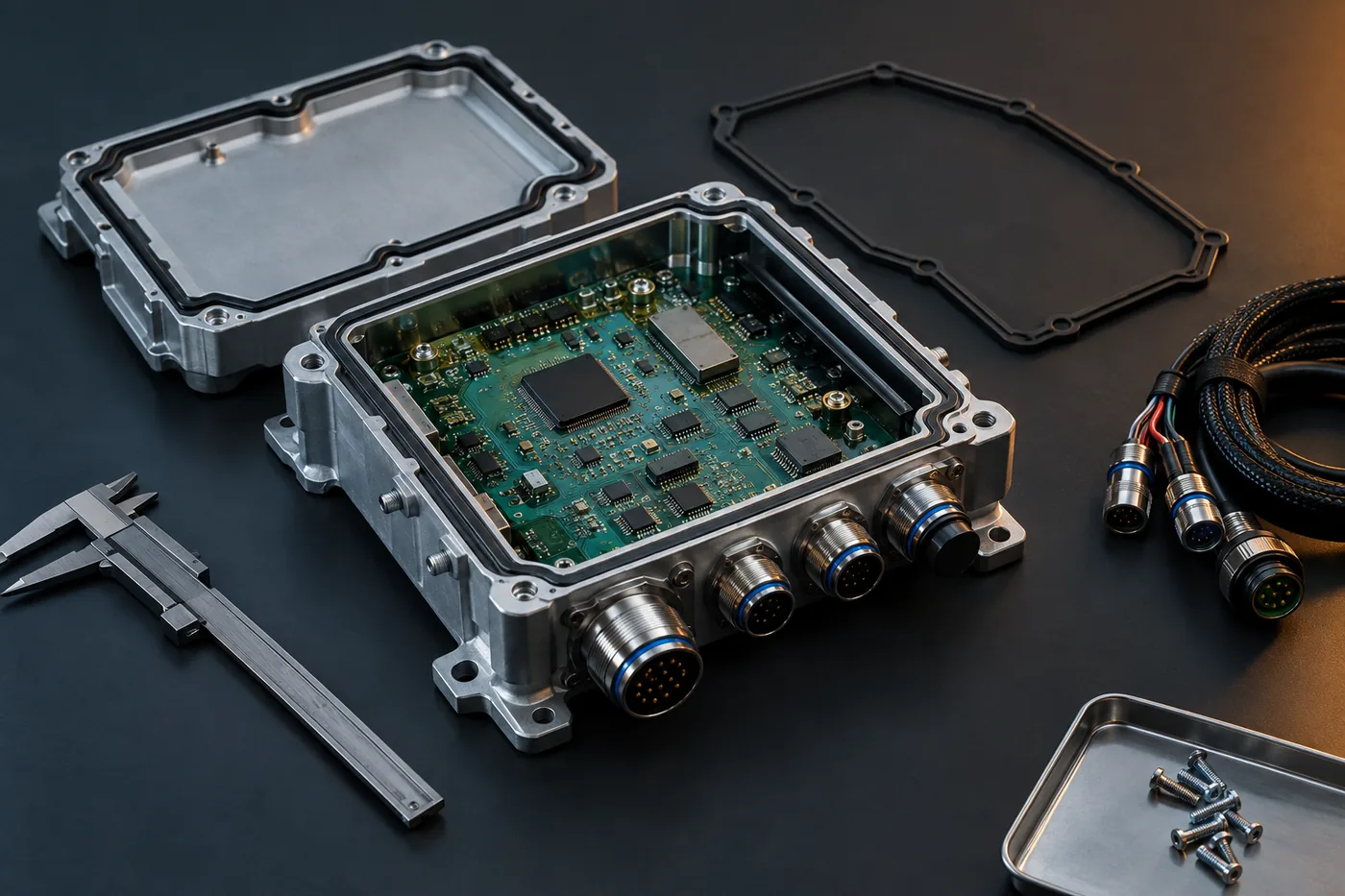 Electronics bench with instrumentation and a partially assembled industrial enclosure